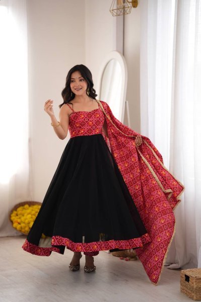 Black Designer Reyon Bandhani Gown with Matching Pant and Dupatta at Manufacturer  Ready To Wear Collection