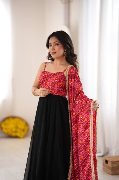 Black Designer Reyon Bandhani Gown with Matching Pant and Dupatta at Manufacturer  Ready To Wear Collection