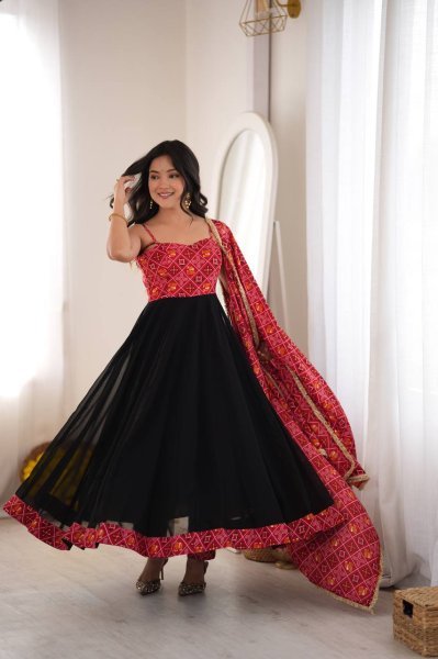 Black Designer Reyon Bandhani Gown with Matching Pant and Dupatta at Manufacturer  Ready To Wear Collection