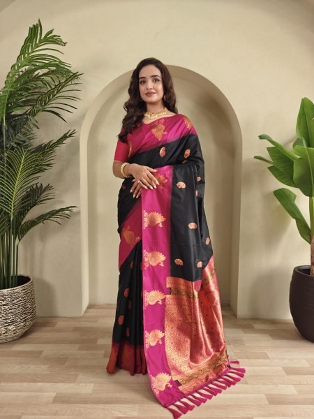 Black Dual Tone Silk Woven Saree With Unstitch Blouse At Manufacturer  Silk Sarees Wholesale