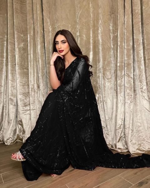 Black Embroidered Georgette Saree With Sequence Lace Elegant Evening Style Georgette Sarees Wholesale