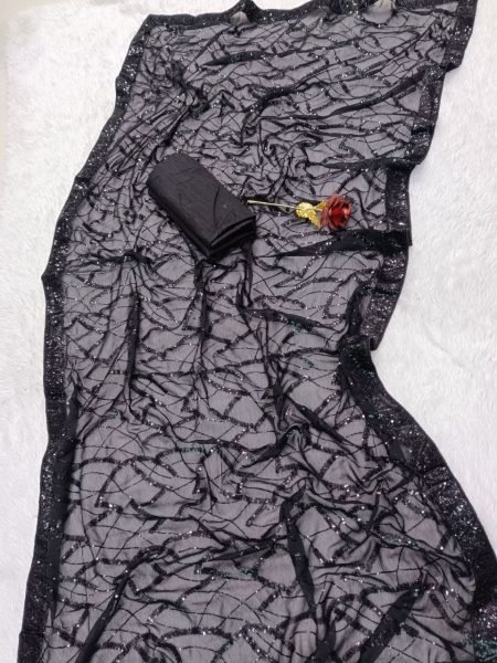 Black Embroidered Georgette Saree With Sequence Lace Elegant Evening Style Georgette Sarees Wholesale