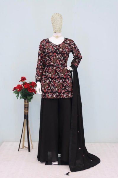 Black Embroidered Palazzo Salwar Suit Set in Premium Chinon Silk Ready-to-Wear Designer Collection for Wholesale Buyers Designer Plazzo Salwar Suits Wholesale