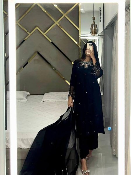 Black Embroidered Satin Suit with Beaded Kurti   Sheer Organza Dupatta Luxe Party Look