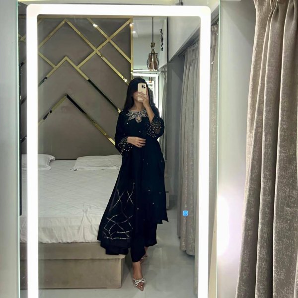 Black Embroidered Satin Suit with Beaded Kurti   Sheer Organza Dupatta Luxe Party Look Ready To Wear Collection