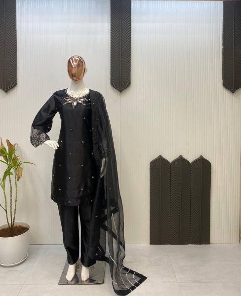 Black Embroidered Satin Suit with Beaded Kurti   Sheer Organza Dupatta Luxe Party Look Ready To Wear Collection