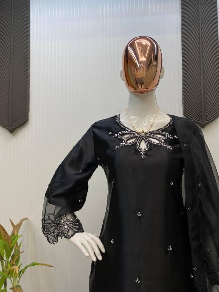 Black Embroidered Satin Suit with Beaded Kurti   Sheer Organza Dupatta Luxe Party Look Ready To Wear Collection