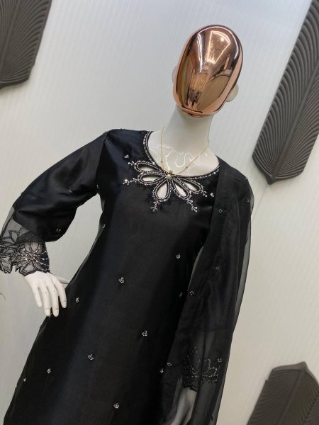 Black Embroidered Satin Suit with Beaded Kurti   Sheer Organza Dupatta Luxe Party Look Ready To Wear Collection