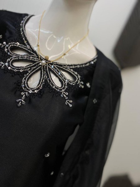 Black Embroidered Satin Suit with Beaded Kurti   Sheer Organza Dupatta Luxe Party Look Ready To Wear Collection