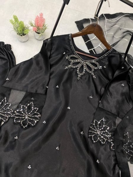Black Embroidered Satin Suit with Beaded Kurti   Sheer Organza Dupatta Luxe Party Look Ready To Wear Collection