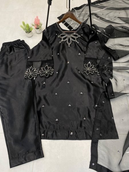 Black Embroidered Satin Suit with Beaded Kurti   Sheer Organza Dupatta Luxe Party Look Ready To Wear Collection