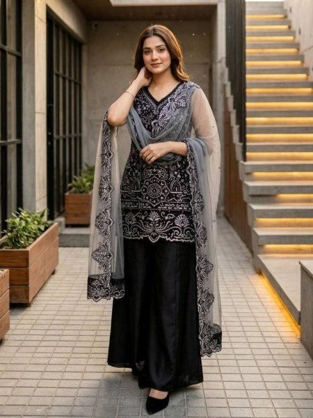 Black Embroidered Sequences Peral Hand Work Georgette Suit Modern Collection For Special Occasions
