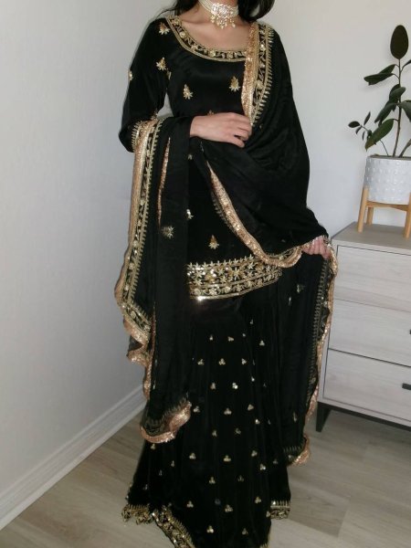 Black Embroidered Sharara Suit with Lace Dupatta Elegant Partywear for Women Ready To Wear Suit