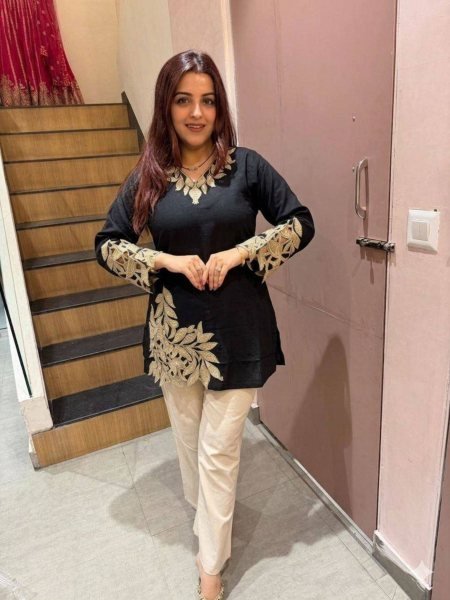 Black Embroidered Short Kurti with Beige Straight Fit Trousers Co ord Set 