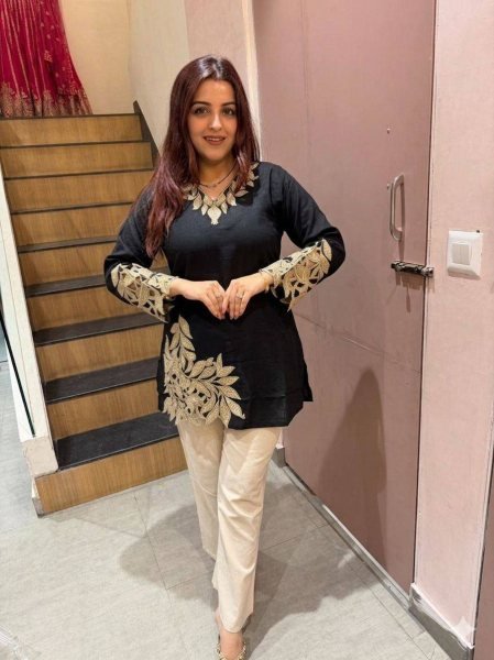 Black Embroidered Short Kurti with Beige Straight Fit Trousers Co ord Set CO ORD Sets