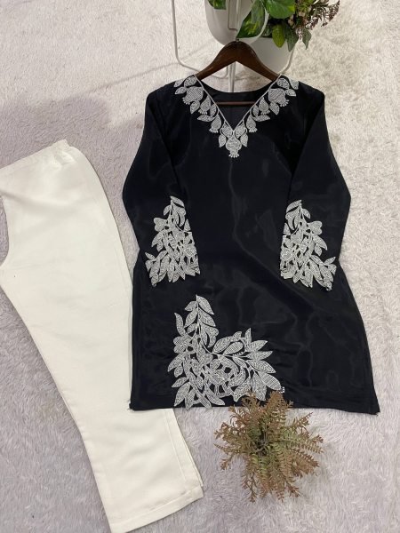 Black Embroidered Short Kurti with Beige Straight Fit Trousers Co ord Set CO ORD Sets