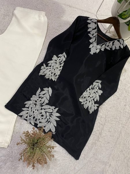 Black Embroidered Short Kurti with Beige Straight Fit Trousers Co ord Set CO ORD Sets