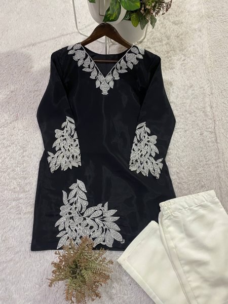 Black Embroidered Short Kurti with Beige Straight Fit Trousers Co ord Set CO ORD Sets