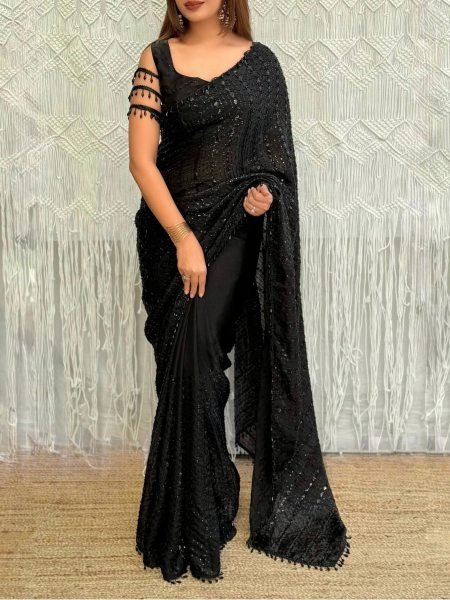 Black Fandy Satin Saree with Heavy Beads and Sequins Work for Cocktail Parties 