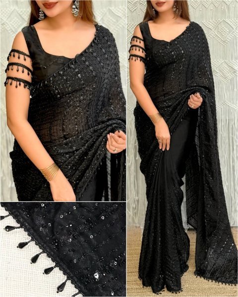 Black Fandy Satin Saree with Heavy Beads and Sequins Work for Cocktail Parties Bollywood Fancy Sarees Wholesale