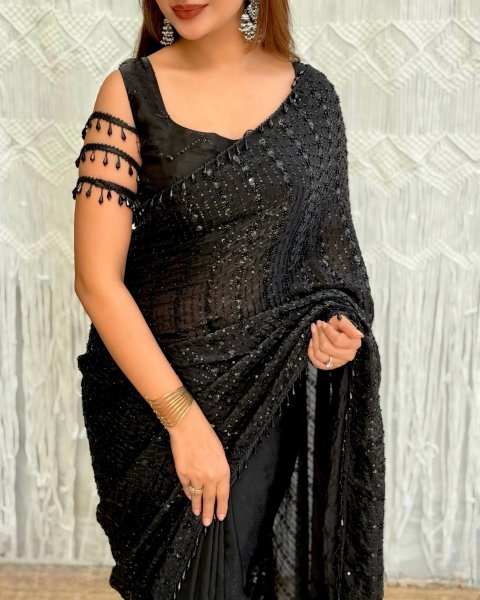 Black Fandy Satin Saree with Heavy Beads and Sequins Work for Cocktail Parties Bollywood Fancy Sarees Wholesale