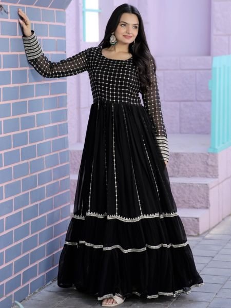 Black  Faux Blooming gown with Sequins Multi Silver jari Embroidered Work Anarkali 