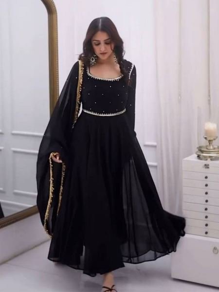 Black Faux Georgette Anarkali Suit Set with Handwork and 5-meter flair Kurtis