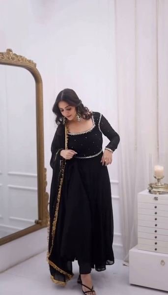 Black Faux Georgette Anarkali Suit Set with Handwork and 5-meter flair Anarkali Kurtis 