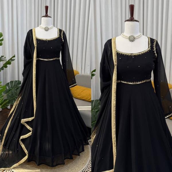 Black Faux Georgette Anarkali Suit Set with Handwork and 5-meter flair Anarkali Kurtis 