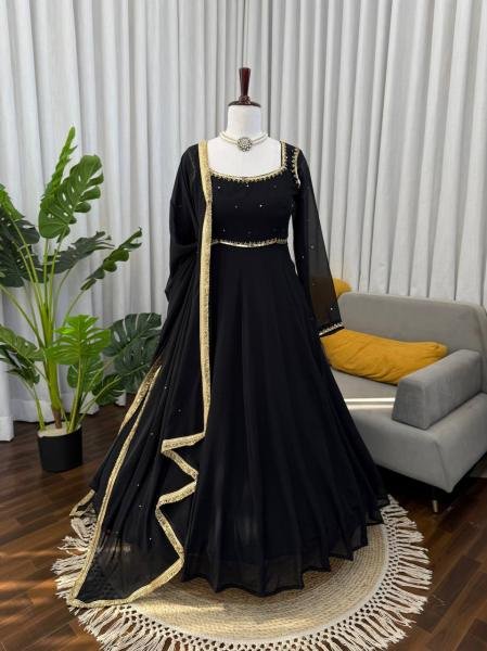 Black Faux Georgette Anarkali Suit Set with Handwork and 5-meter flair Anarkali Kurtis 
