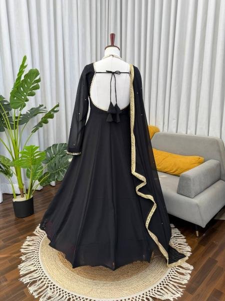 Black Faux Georgette Anarkali Suit Set with Handwork and 5-meter flair Anarkali Kurtis 