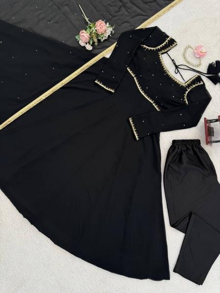 Black Faux Georgette Anarkali Suit Set with Handwork and 5-meter flair Anarkali Kurtis 