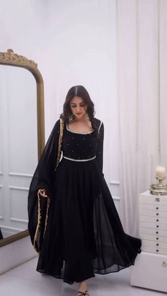 Black Faux Georgette Anarkali Suit Set with Handwork and 5-meter flair Anarkali Kurtis 