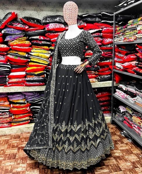 Black Faux Georgette Lehenga Choli With Zari   Sequence Work  Designer Lehenga Choli
