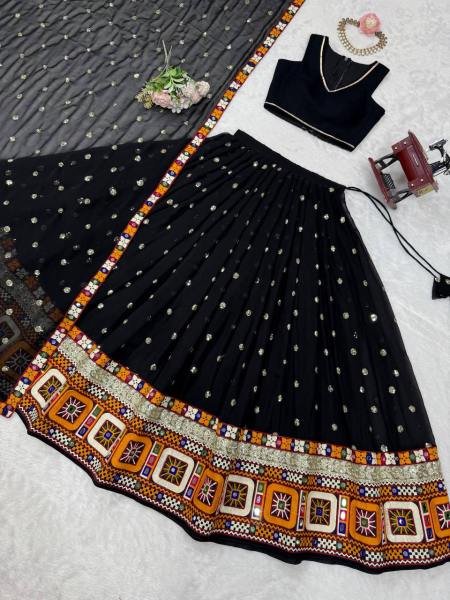 Black Faux Georgette Navratri Chaniya Choli with Mirror   Sequence Work At Best Rates Navratri Lehnega Choli