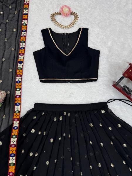 Black Faux Georgette Navratri Chaniya Choli with Mirror   Sequence Work At Best Rates Navratri Lehnega Choli