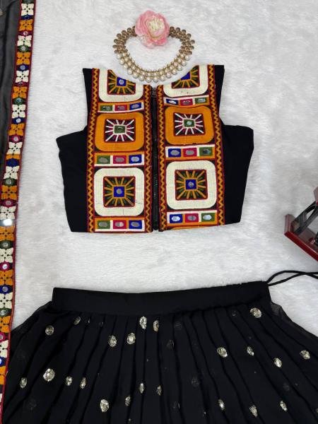 Black Faux Georgette Navratri Chaniya Choli with Mirror   Sequence Work At Best Rates Navratri Lehnega Choli