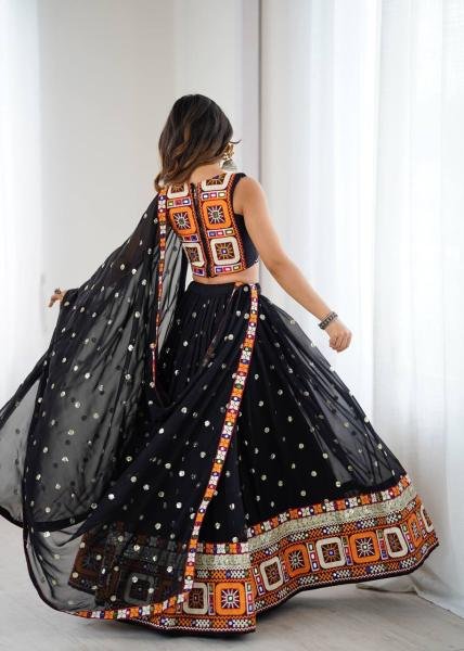 Black Faux Georgette Navratri Chaniya Choli with Mirror   Sequence Work At Best Rates Navratri Lehnega Choli