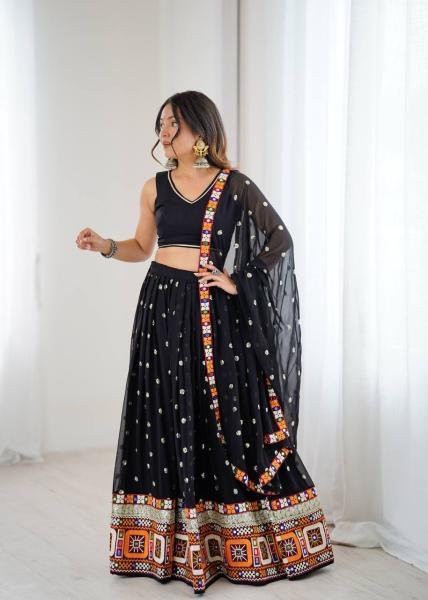 Black Faux Georgette Navratri Chaniya Choli with Mirror   Sequence Work At Best Rates Navratri Lehnega Choli