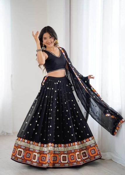 Black Faux Georgette Navratri Chaniya Choli with Mirror   Sequence Work At Best Rates Navratri Lehnega Choli