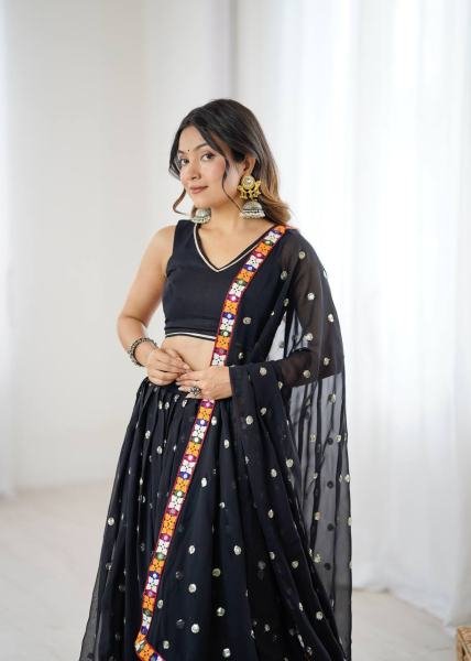Black Faux Georgette Navratri Chaniya Choli with Mirror   Sequence Work At Best Rates Navratri Lehnega Choli
