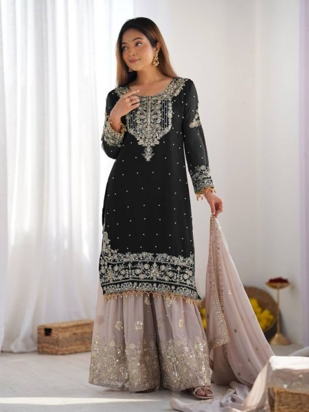 Black Faux Georgette Palazzo Set with Sequin Detailing Designer Party Look Ready To Wear Suit