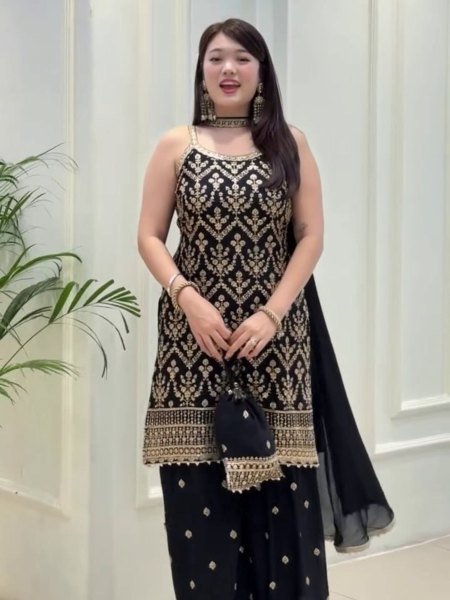 Black Faux Georgette Palazzo Suit with Heavy Work Dupatta and Potli at Wholesale Rate