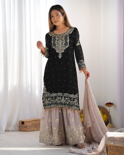 Black Faux Georgette Palazzo Set with Sequin Detailing Designer Party Look Ready To Wear Collection
