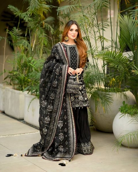 Black Faux Georgette Plazzo Suit with Heavy Sequins Embroidery Work with Latkan Border for Weddings Ready To Wear Collection