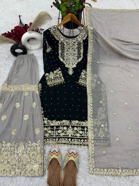 Black Faux Georgette Palazzo Set with Sequin Detailing Designer Party Look Ready To Wear Collection