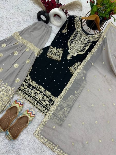 Black Faux Georgette Palazzo Set with Sequin Detailing Designer Party Look Ready To Wear Collection