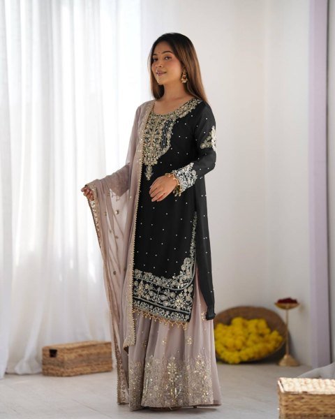 Black Faux Georgette Palazzo Set with Sequin Detailing Designer Party Look Ready To Wear Collection