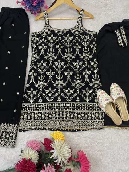 Black Faux Georgette Palazzo Suit with Heavy Work Dupatta and Potli at Wholesale Rate Ready To Wear Collection