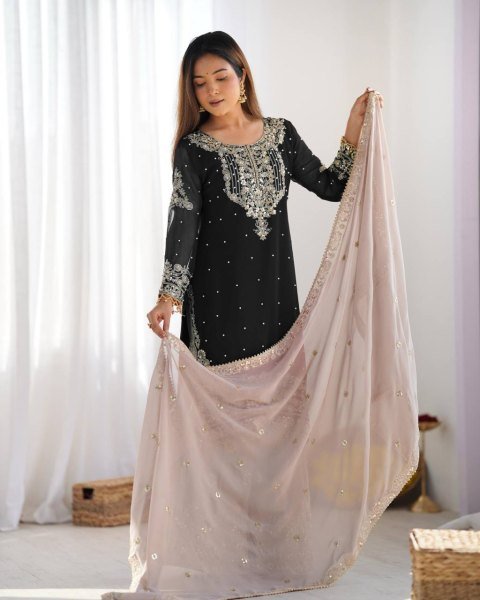 Black Faux Georgette Palazzo Set with Sequin Detailing Designer Party Look Ready To Wear Collection